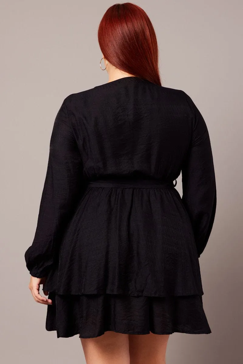 Roll Up Sleeve Adaptation Cozy Fashion Black Tiered Cross Front Mini Dress