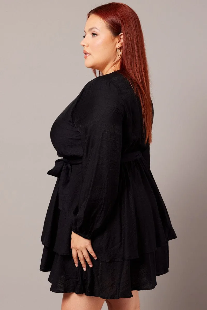 Black Tiered Cross Front Mini Dress Urban Mode Relaxed Vibe