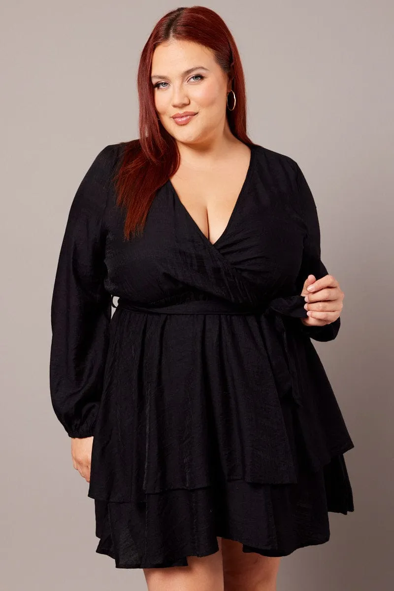 Black Tiered Cross Front Mini Dress Smart Fit Look
