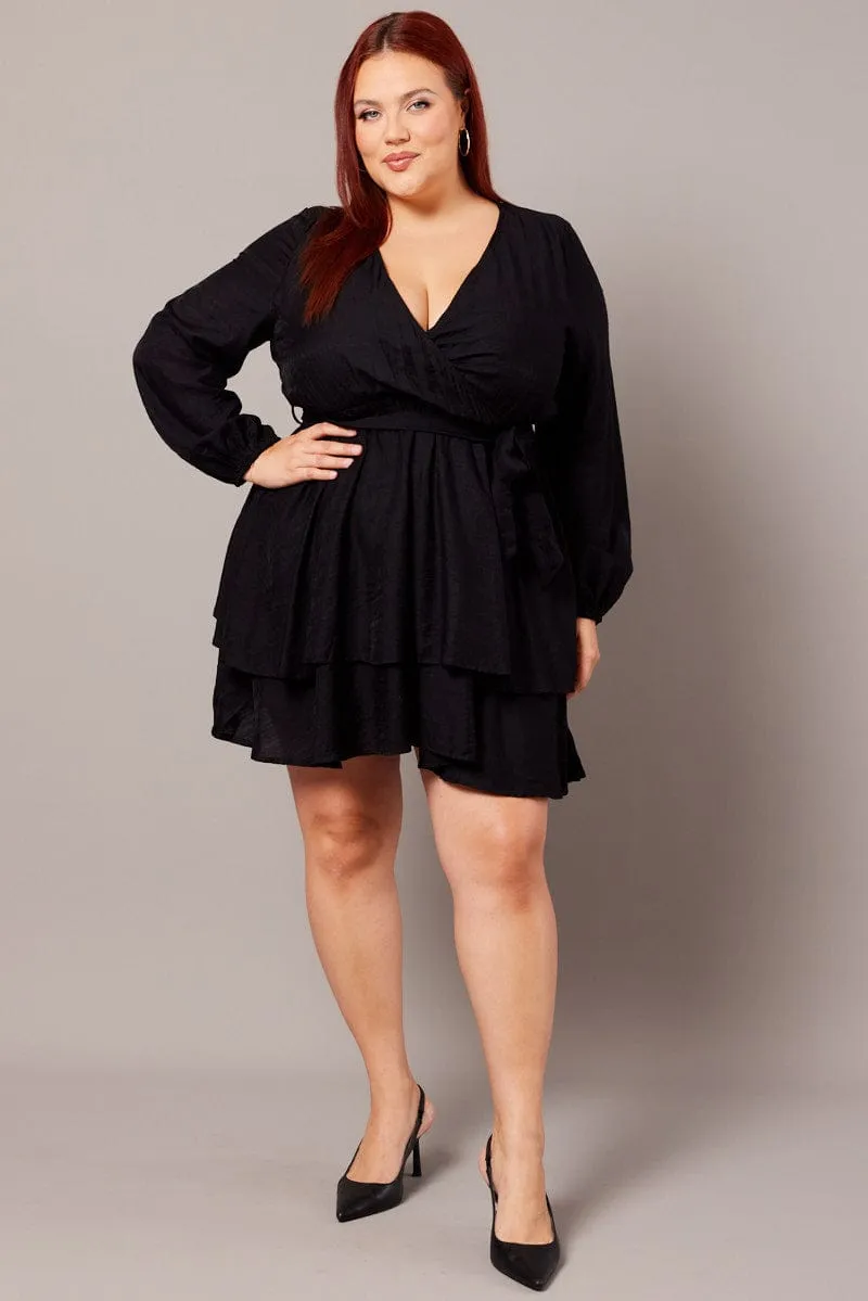 Cozy Style Wear Vibrant patterned mini Black Tiered Cross Front Mini Dress