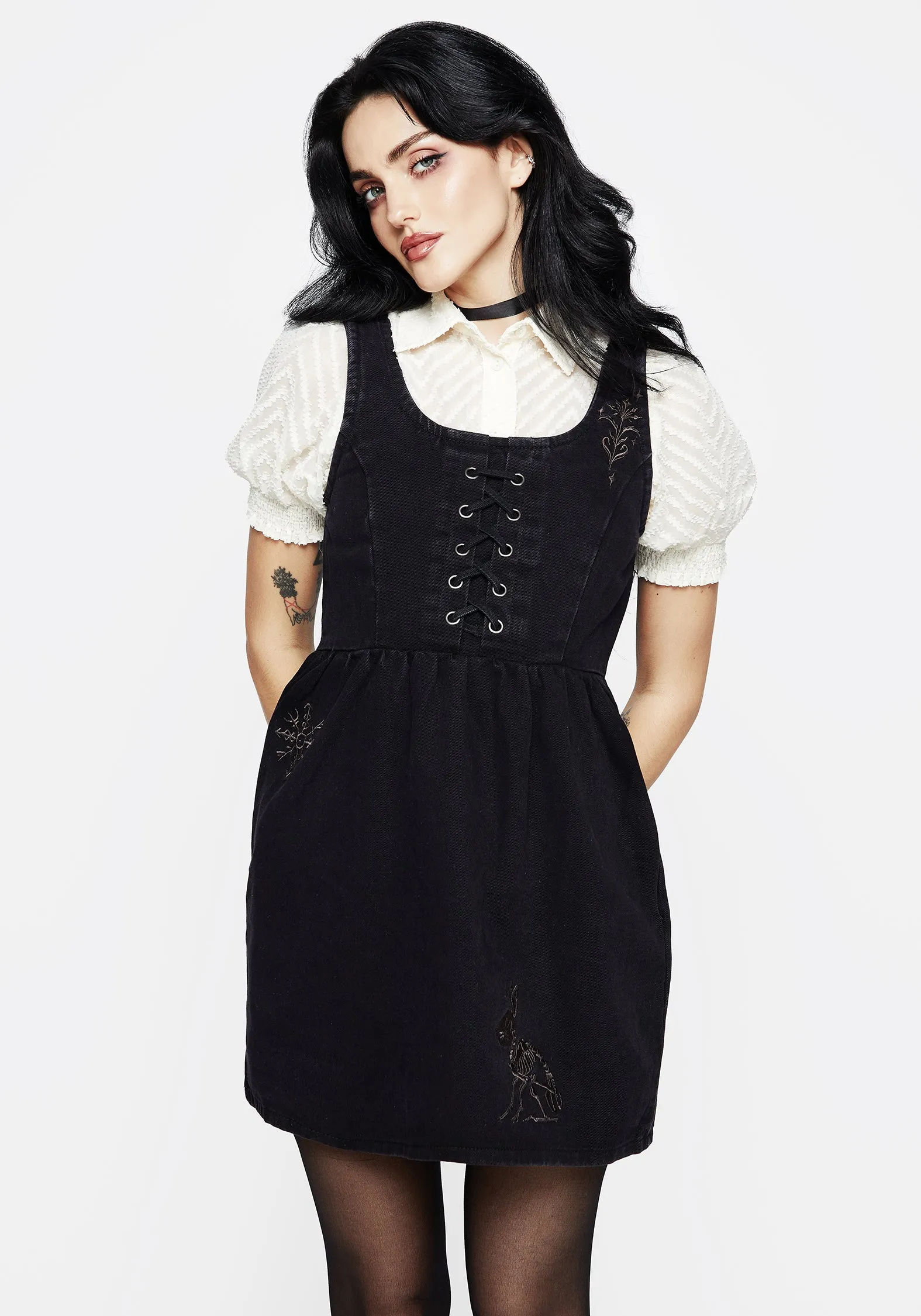 Elasticized Waistband Hester Embroidered Lace Up Corset Mini Dress