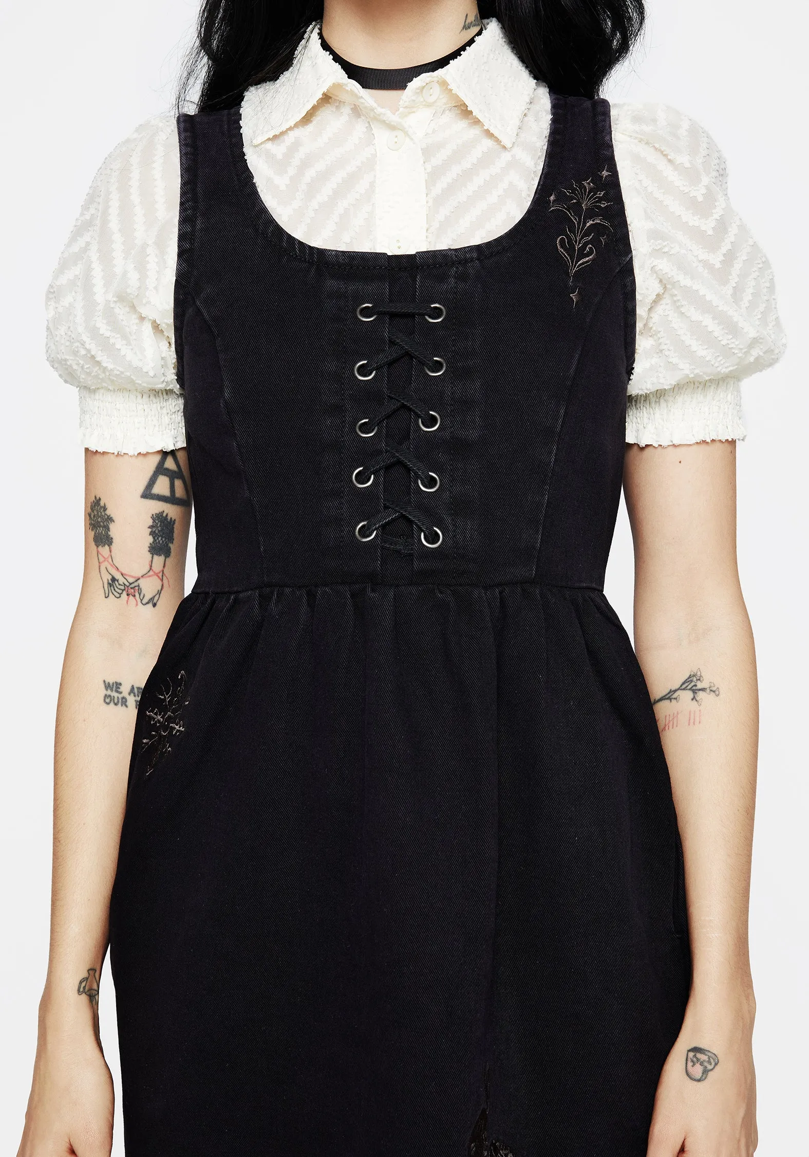 Hester Embroidered Lace Up Corset Mini Dress Casual Fashion Look Edge Glow