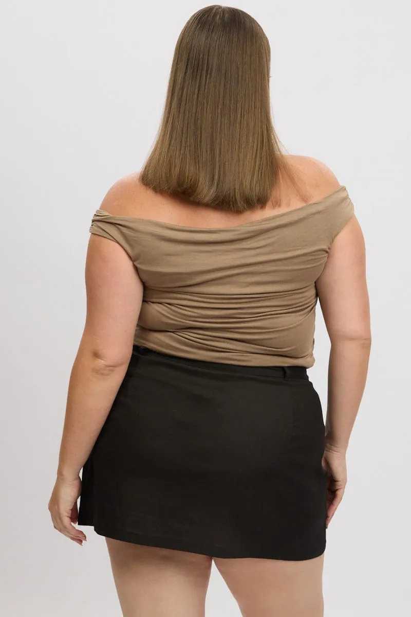 warm fleece Brown Tank Top Cowl Neck Side Ruched