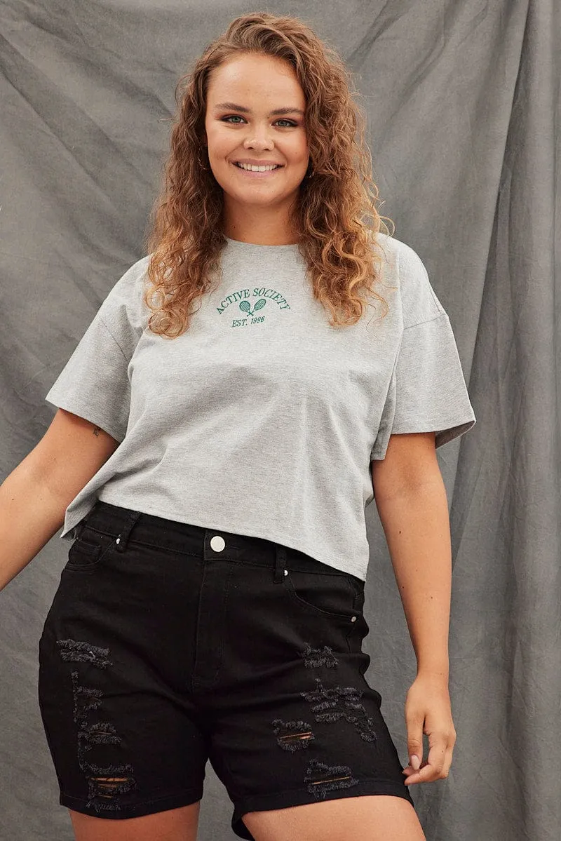 Grey Cotton T-shirt Tennis Embroidery Crop Slim fit sleekness