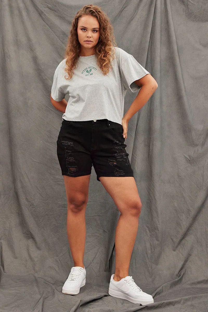 Grey Cotton T-shirt Tennis Embroidery Crop Low Impact Processing