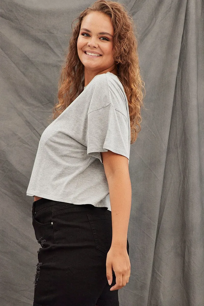Grey Cotton T-shirt Tennis Embroidery Crop Casual Outfit
