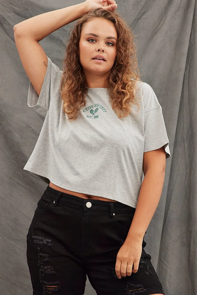 Grey Cotton T-shirt Tennis Embroidery Crop Raw Edge Hem