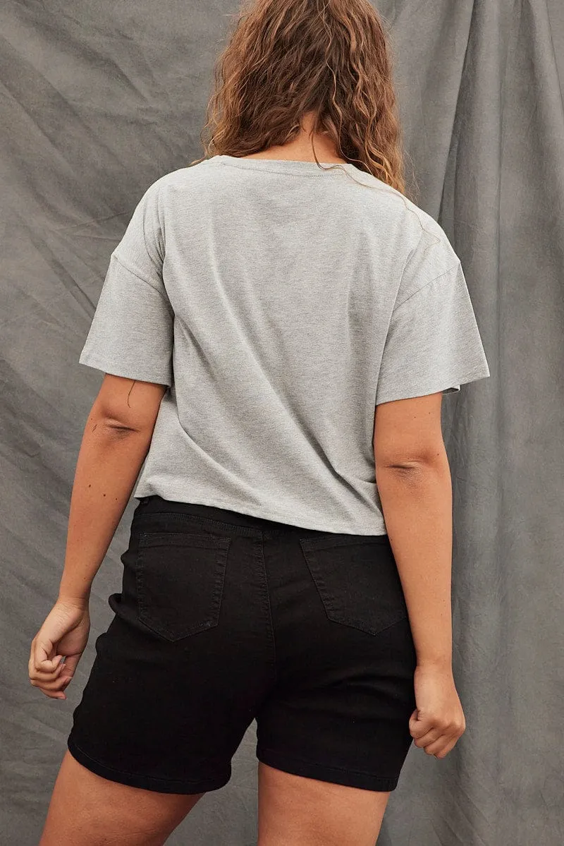 Grey Cotton T-shirt Tennis Embroidery Crop Cool Fit Slim Silhouette