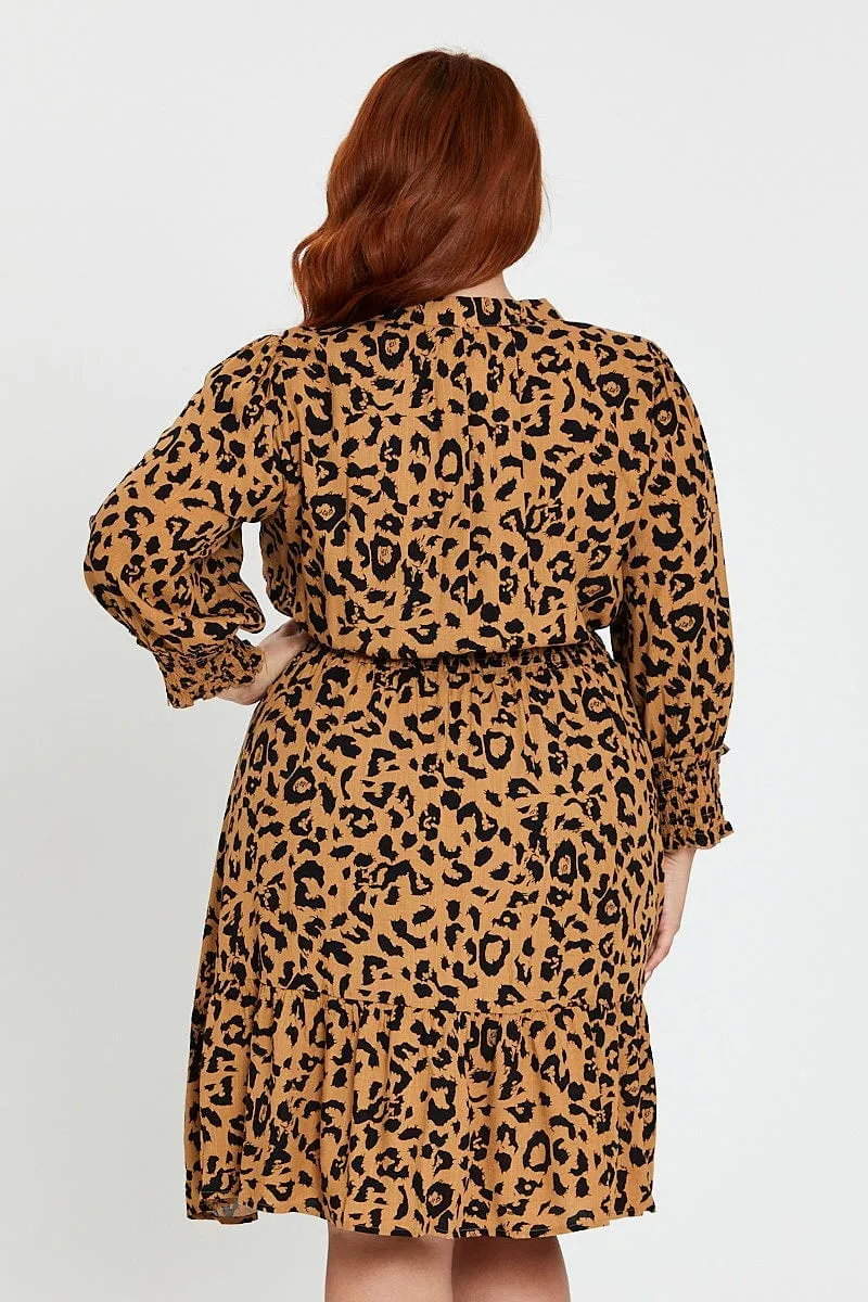 Gentle Power Animal Print Midi Dress V-neck Long Sleeve