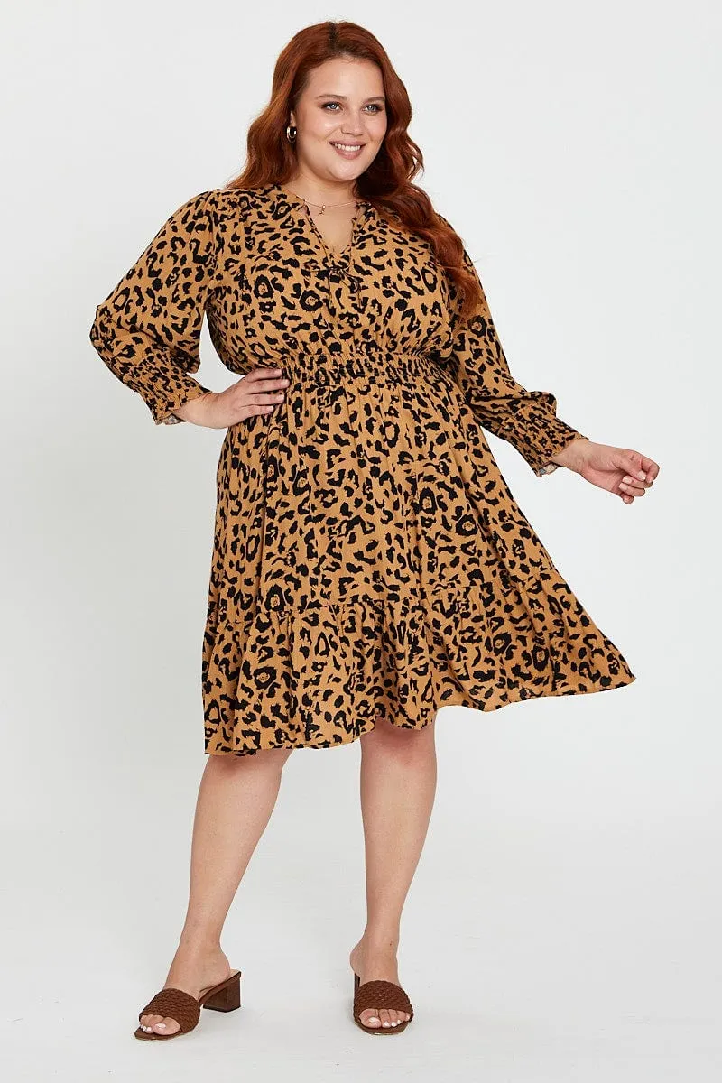 Animal Print Midi Dress V-neck Long Sleeve Fashionable Piece Dew Drop