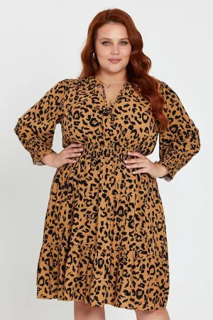 Comfortable Design Animal Print Midi Dress V-neck Long Sleeve