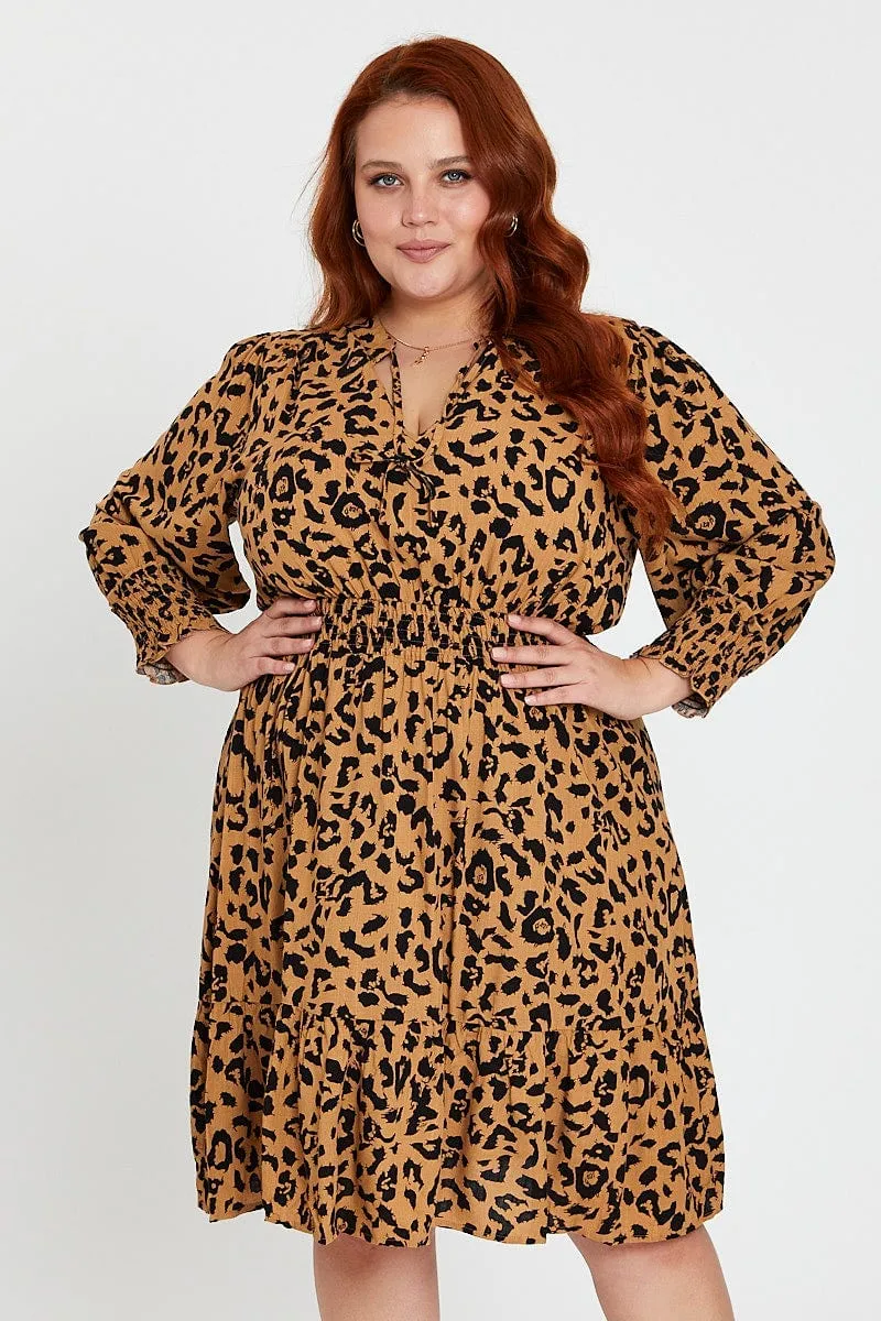 Galaxy Glow Simple and timeless piece Animal Print Midi Dress V-neck Long Sleeve