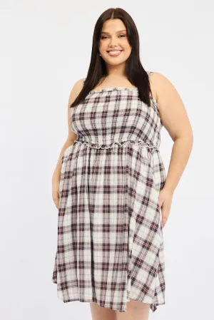 Coffee Break Daily Smart Red Check Midi Dress Sleeveless Shirred