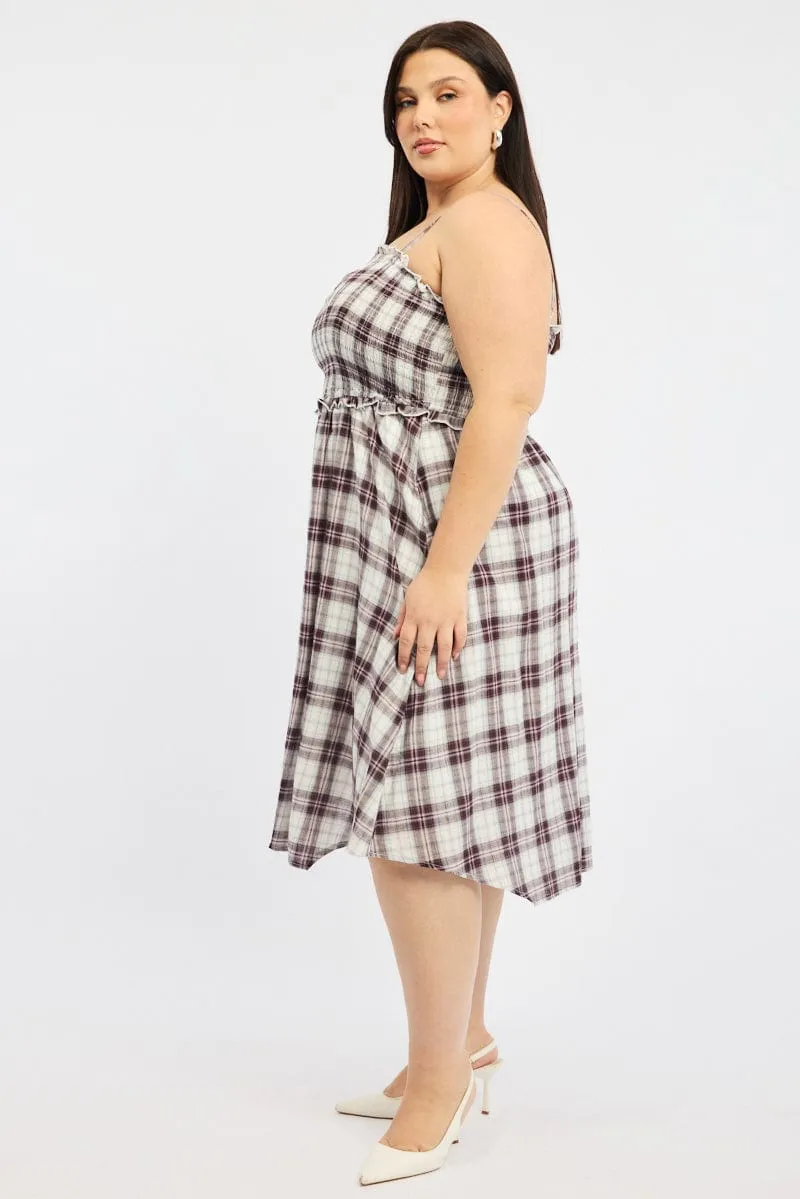 Red Check Midi Dress Sleeveless Shirred Stylish Casual Stylish Appearance