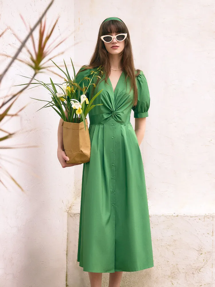 V-Neck Knotted Women Midi Dress Autumn Leaf