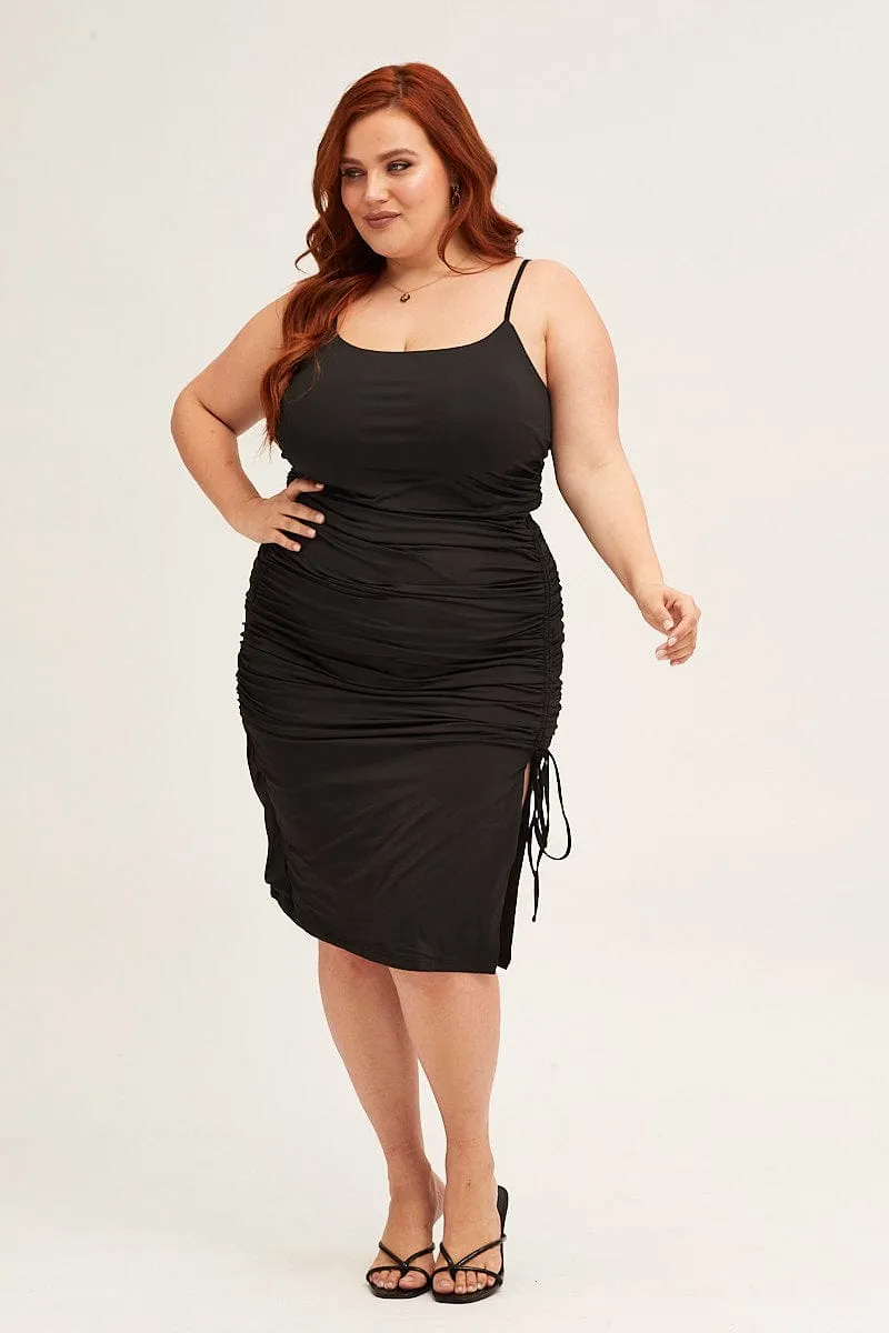 Black Jersey Sleeveless Ruched Bodycon Midi Dress Leaf Song