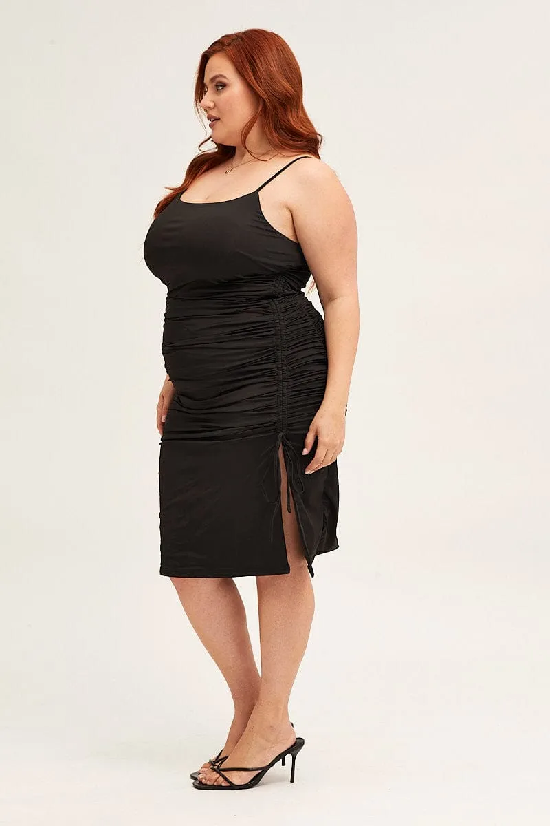 Timeless Look Black Jersey Sleeveless Ruched Bodycon Midi Dress