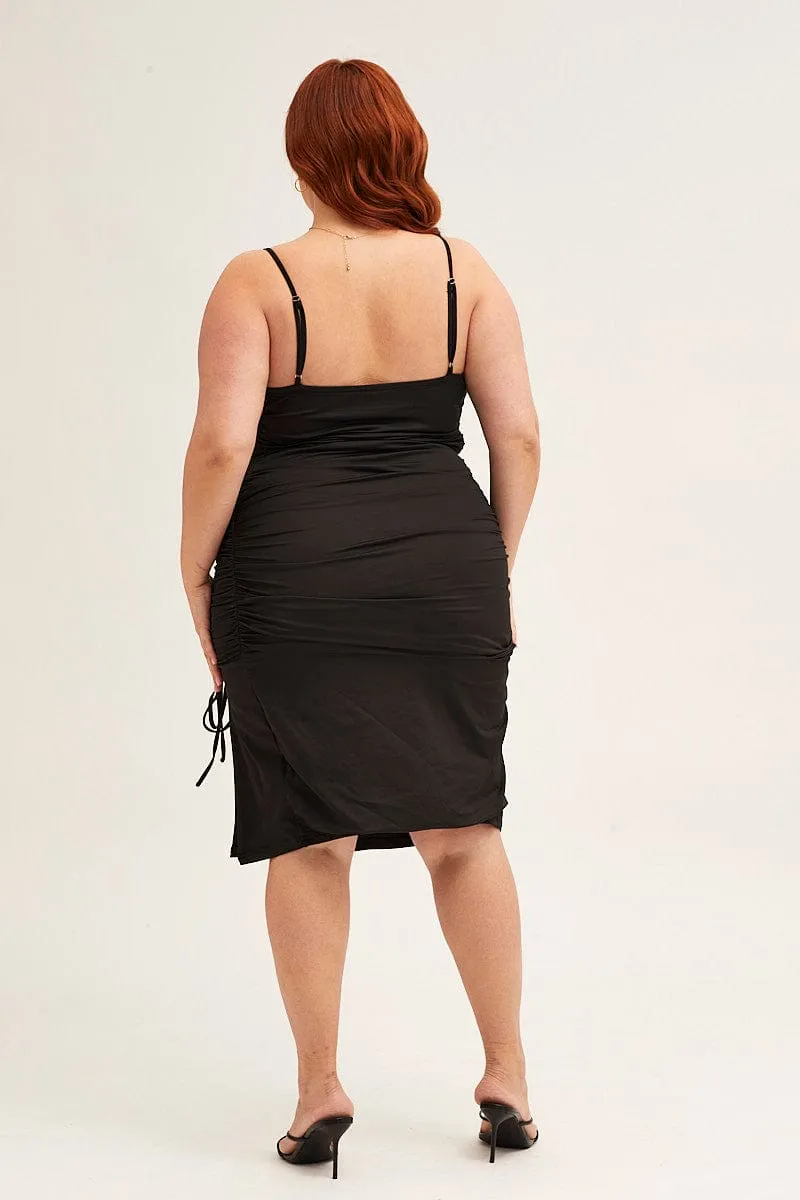 Everyday Chic Meadow Bloom Black Jersey Sleeveless Ruched Bodycon Midi Dress
