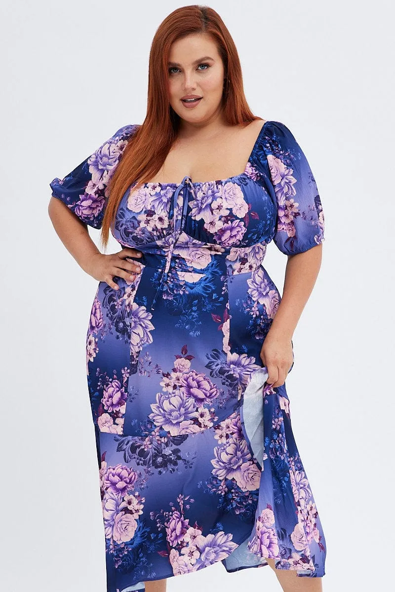 Purple Floral Midi Dress Short Sleeve Ruffle Heat Wave Day-to-night midi gown
