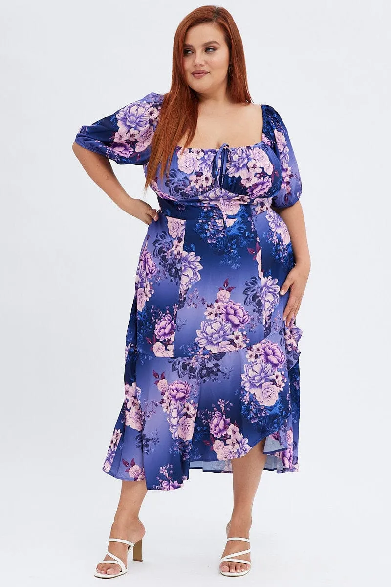 Purple Floral Midi Dress Short Sleeve Ruffle Fresh Air All Day Comfort