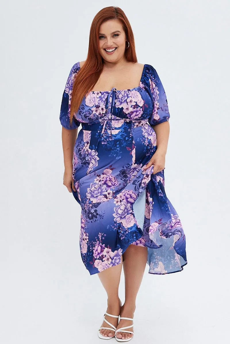 Purple Floral Midi Dress Short Sleeve Ruffle Sea View Flattering Fashion