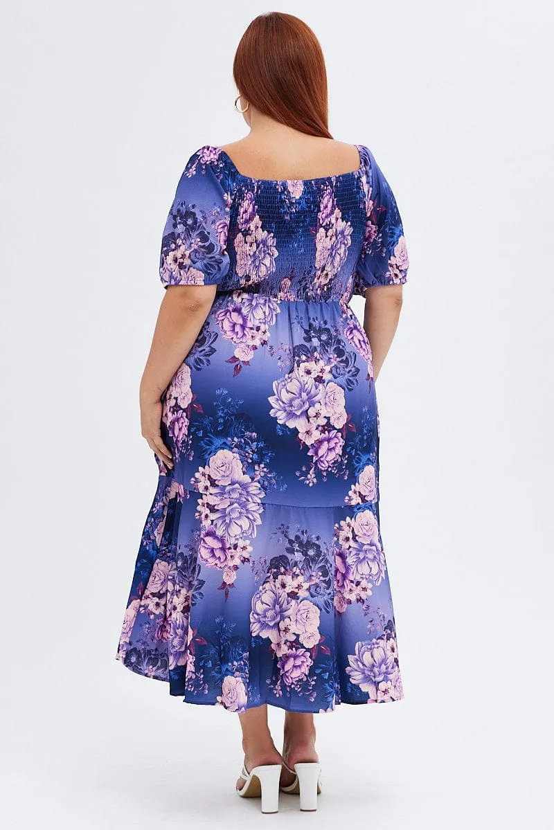 Purple Floral Midi Dress Short Sleeve Ruffle Fashionable Piece Evening Glam
