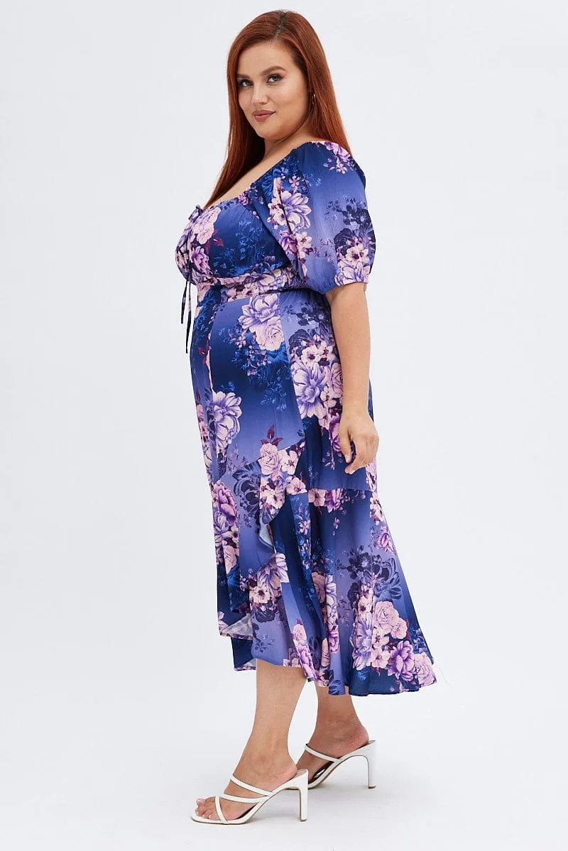 Japanese Neat Charming Wardrobe Purple Floral Midi Dress Short Sleeve Ruffle