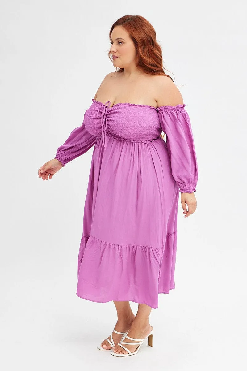 Purple Midi Dress Off Shoulder Shirred Breathable fabric Polished Design