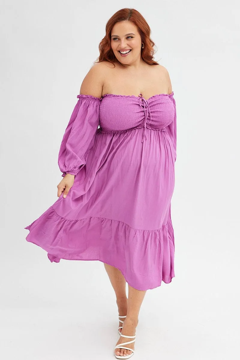 Purple Midi Dress Off Shoulder Shirred Chic Choices