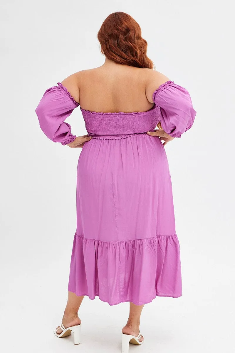 Date night Easy Elegance Purple Midi Dress Off Shoulder Shirred