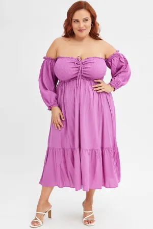 Sunrise Feel Purple Midi Dress Off Shoulder Shirred