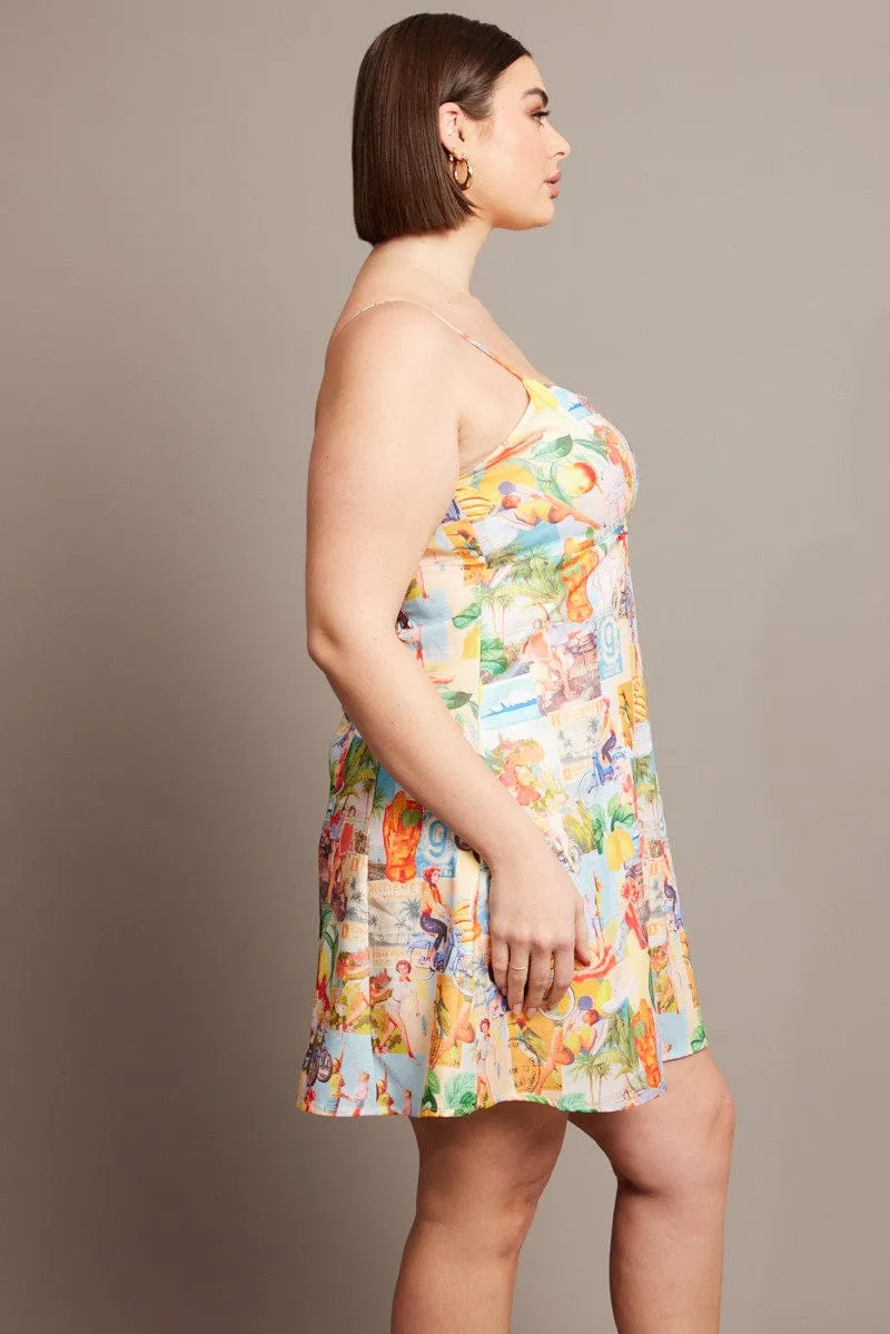 Multi Abstract Slip Postcard Mini Dress Perfect Fit