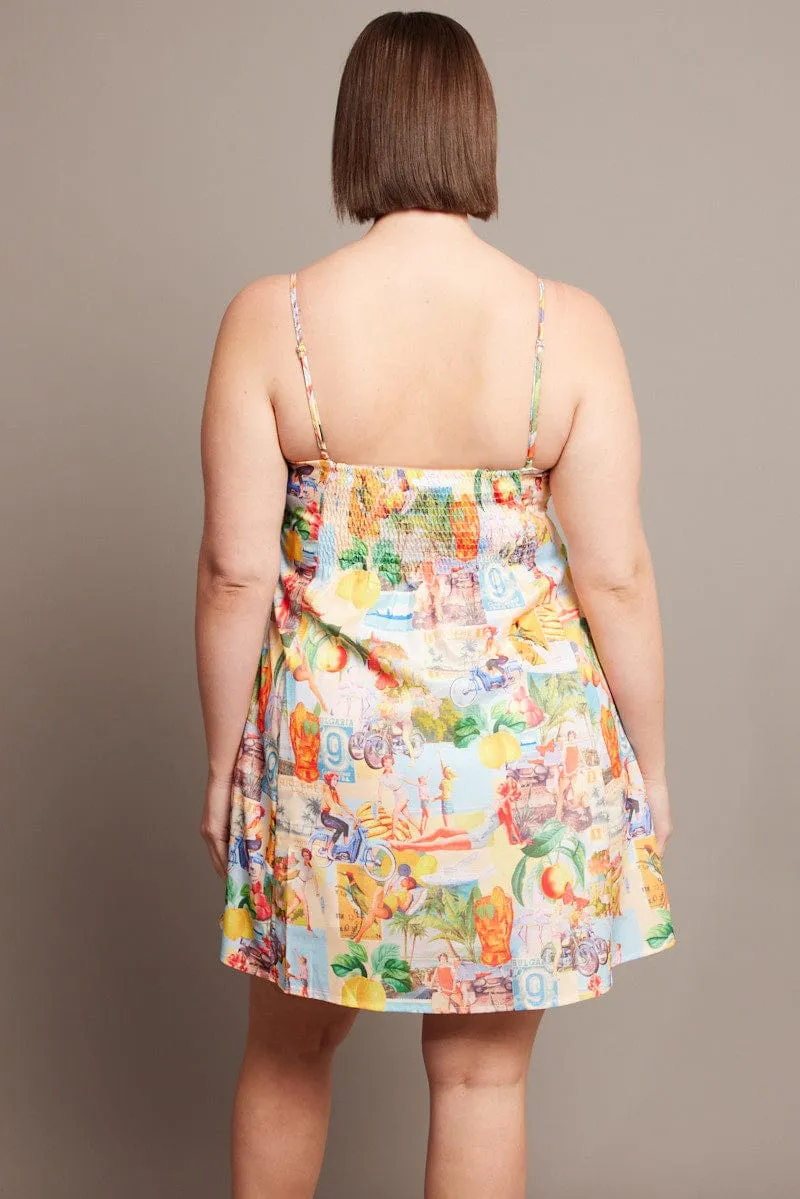 Cozy Design Multi Abstract Slip Postcard Mini Dress