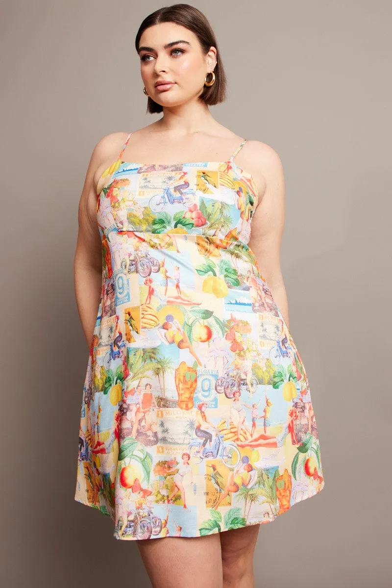 Multi Abstract Slip Postcard Mini Dress Wrinkle resistant fabric