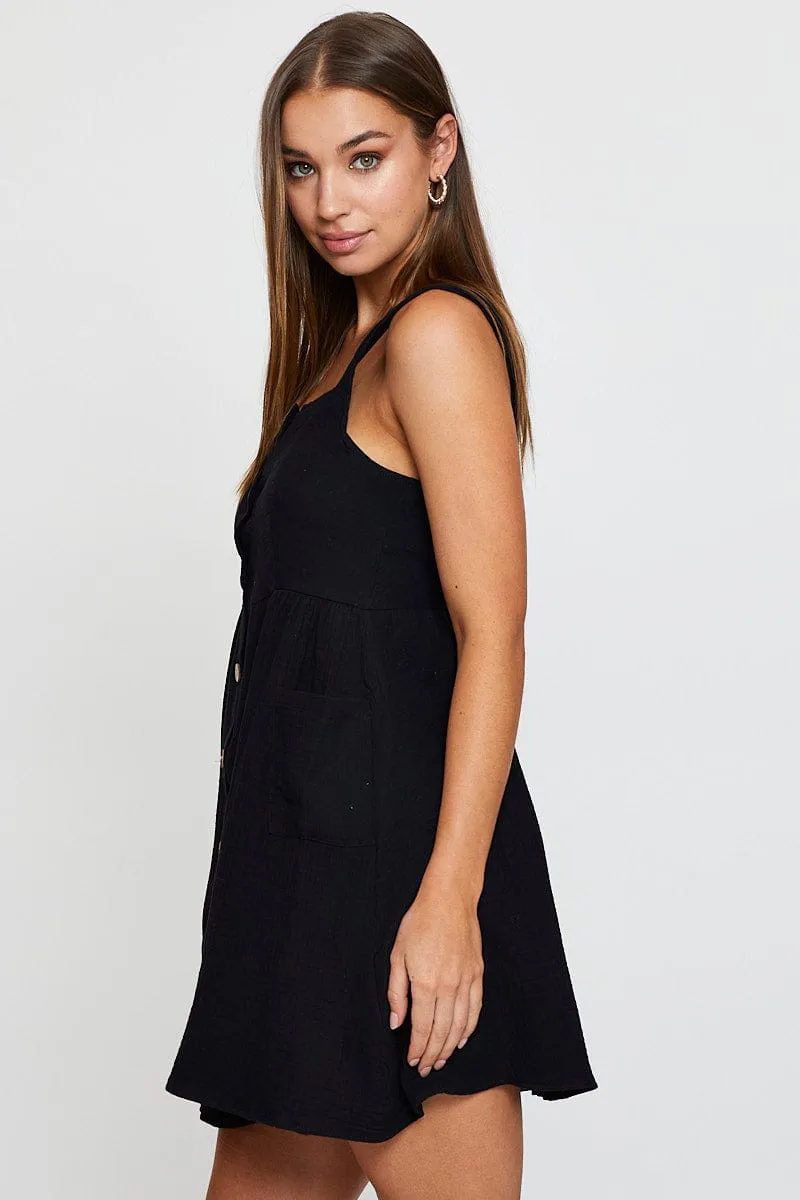 Weighted Hem Effortless Fashion Black Mini Dress Square Neck