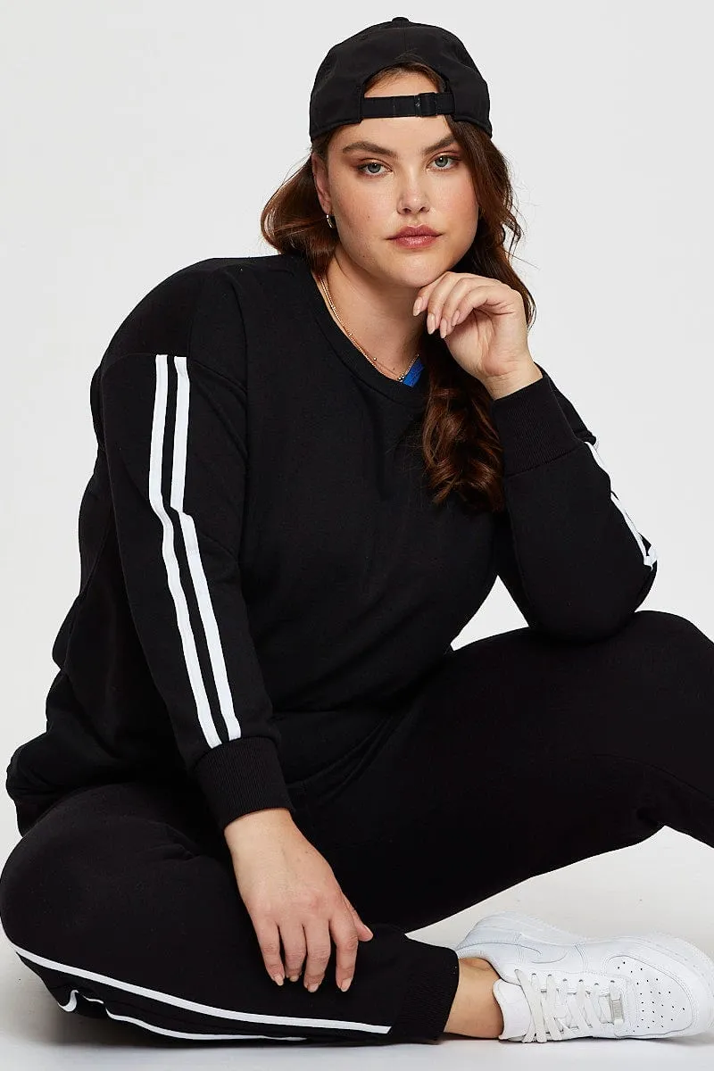 Warm Layering Black Sleeve Sweatshirt Stripe Sleeve Detail Long