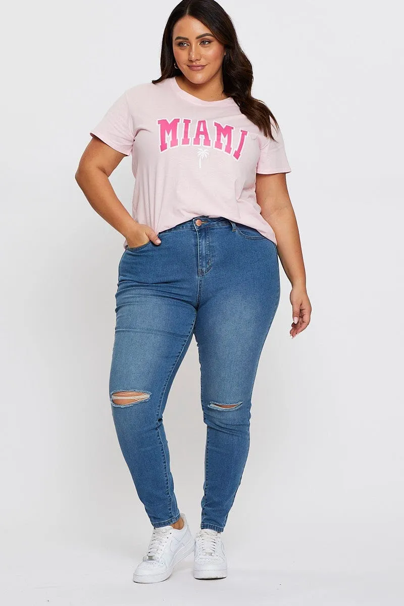 Long Sleeve AntiBacterialTreatment Pink Graphic T-shirt Miami Short Sleeve Cotton