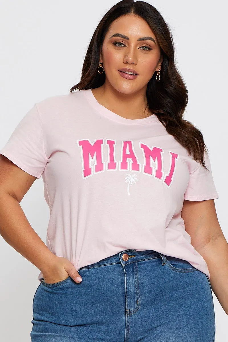 Light Comfort Style Pink Graphic T-shirt Miami Short Sleeve Cotton