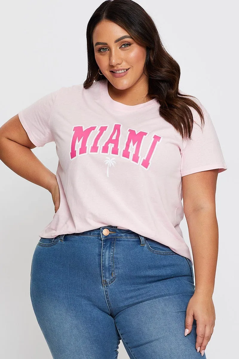 Casual Style Wear Boat neck style Pink Graphic T-shirt Miami Short Sleeve Cotton