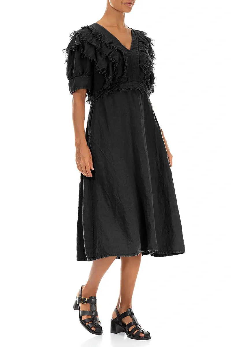 Nature Glow Ruffle Black Linen Dress