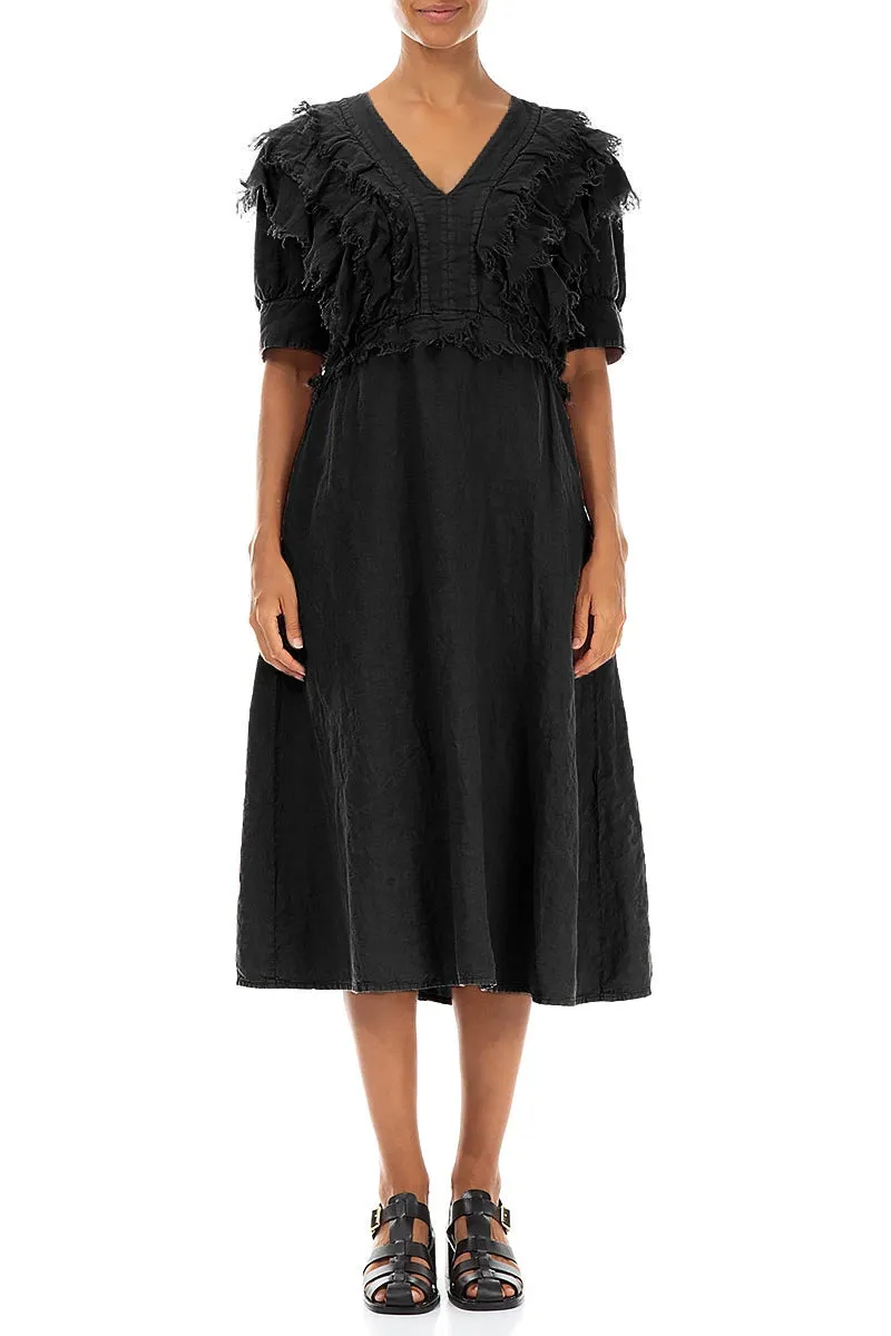 High-Quality Fabric Utility Mode Ruffle Black Linen Dress
