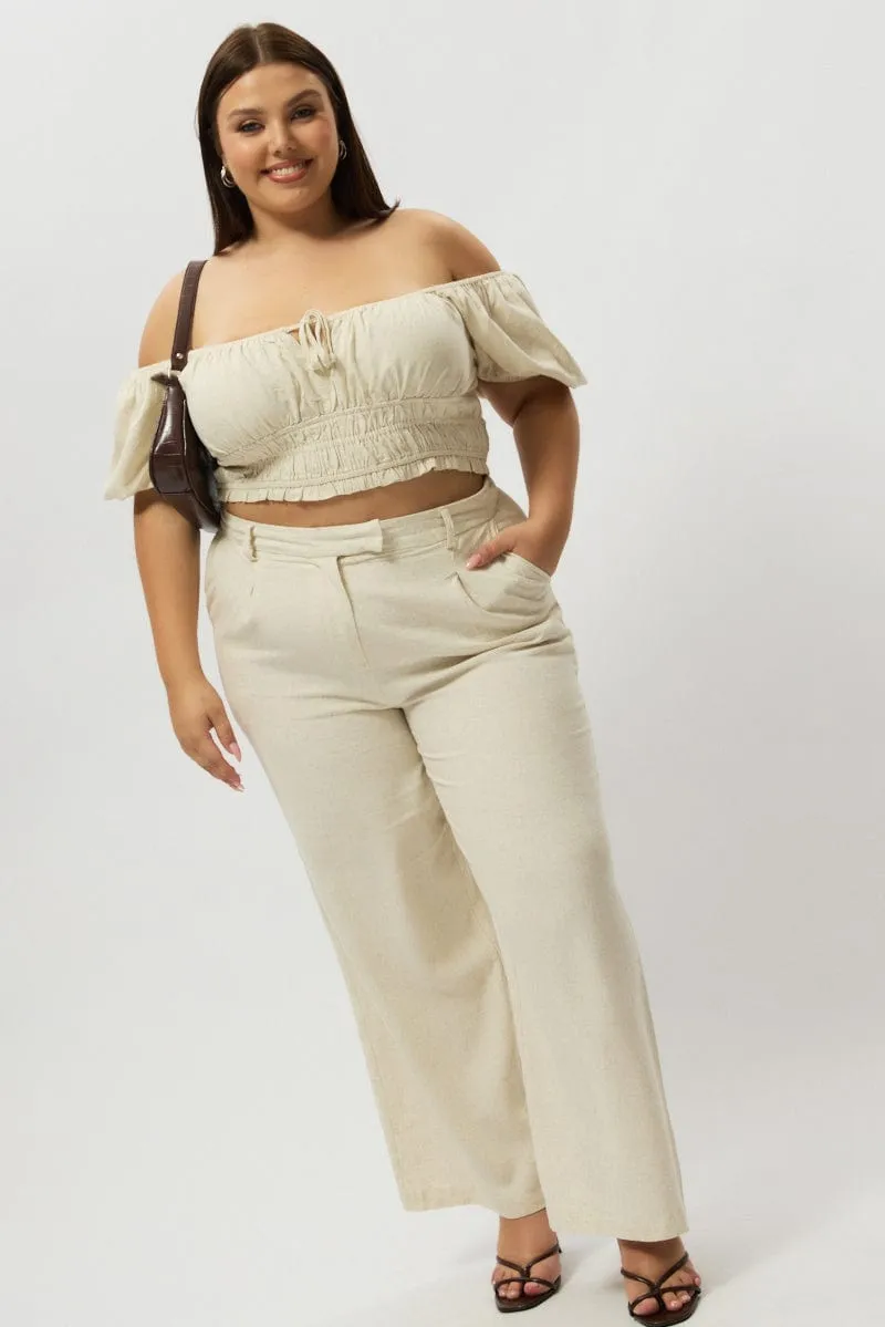 Office Appropriate TearResistantMaterial Beige Wide Leg Pants High Rise