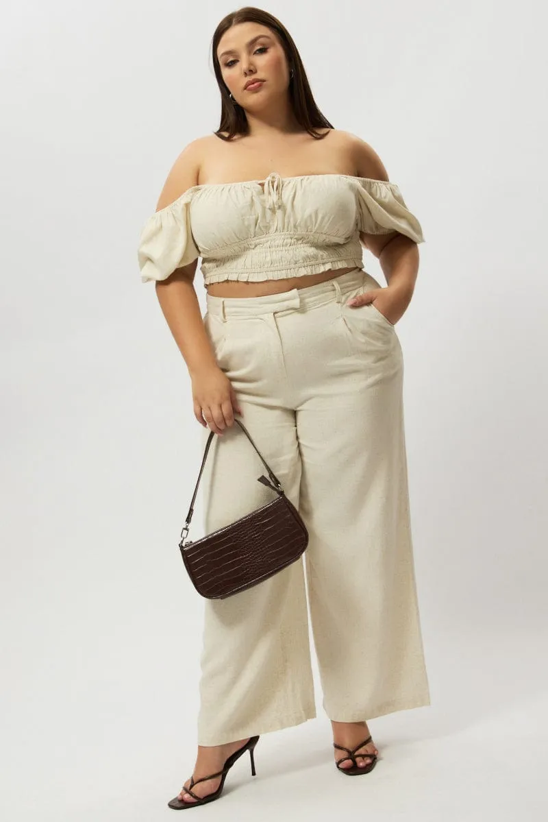 Beige Wide Leg Pants High Rise Sport Performance TearResistantMaterial