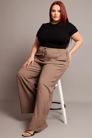 Brown Wide Leg Pants High Rise Textured Fabric Back pockets Laser cut
