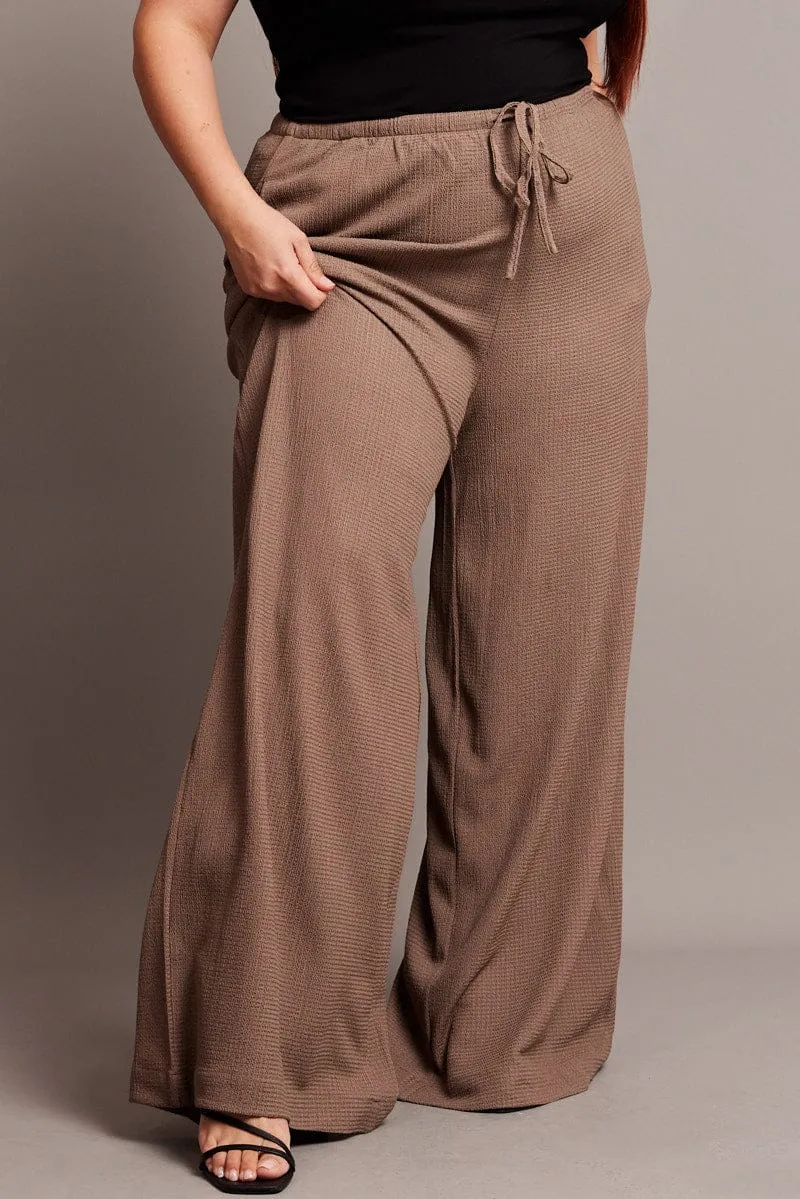 Brown Wide Leg Pants High Rise Textured Fabric TearResistantMaterial
