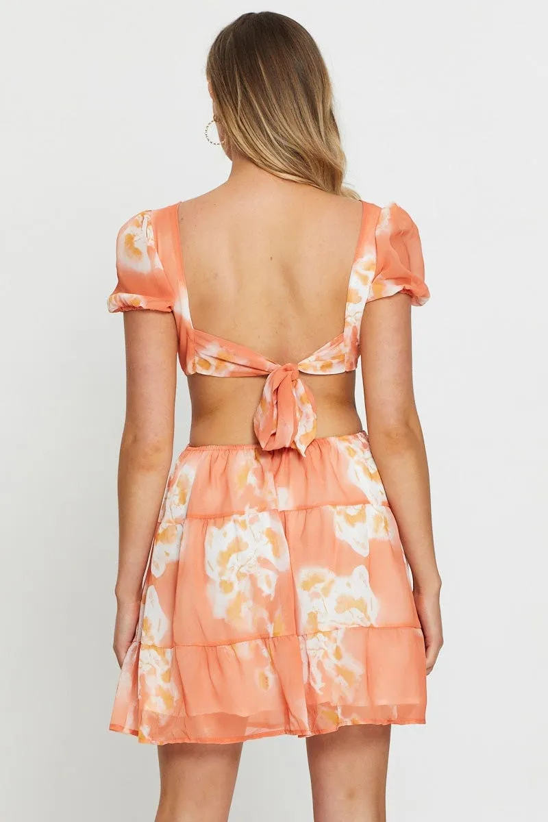 Abstract Print Mini Dress Cut Out Puff Sleeve Weekend Fun Easy Look