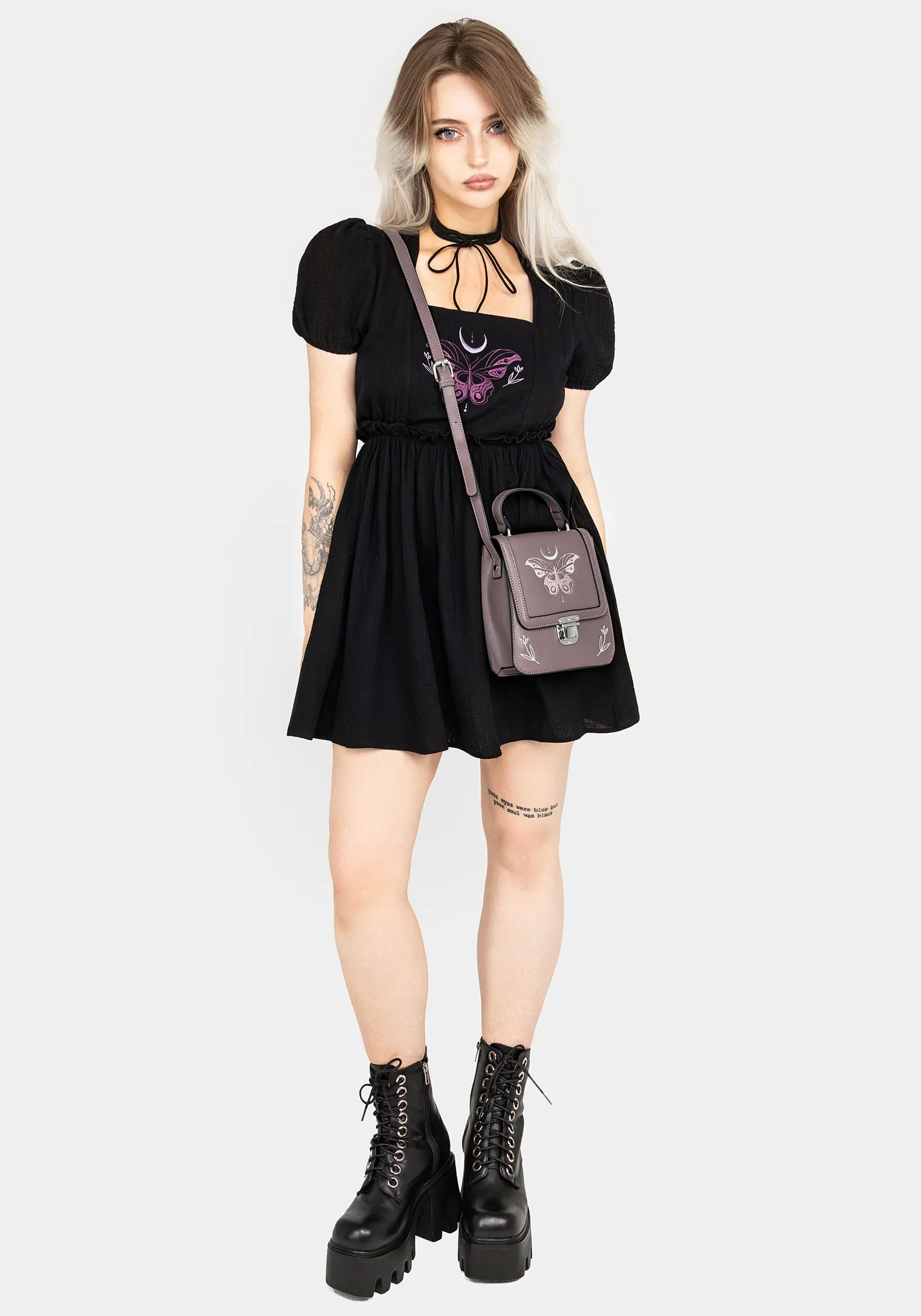 Vibrant Chic Wear Cocoon Butterfly Embroidered Puff Sleeve Mini Dress
