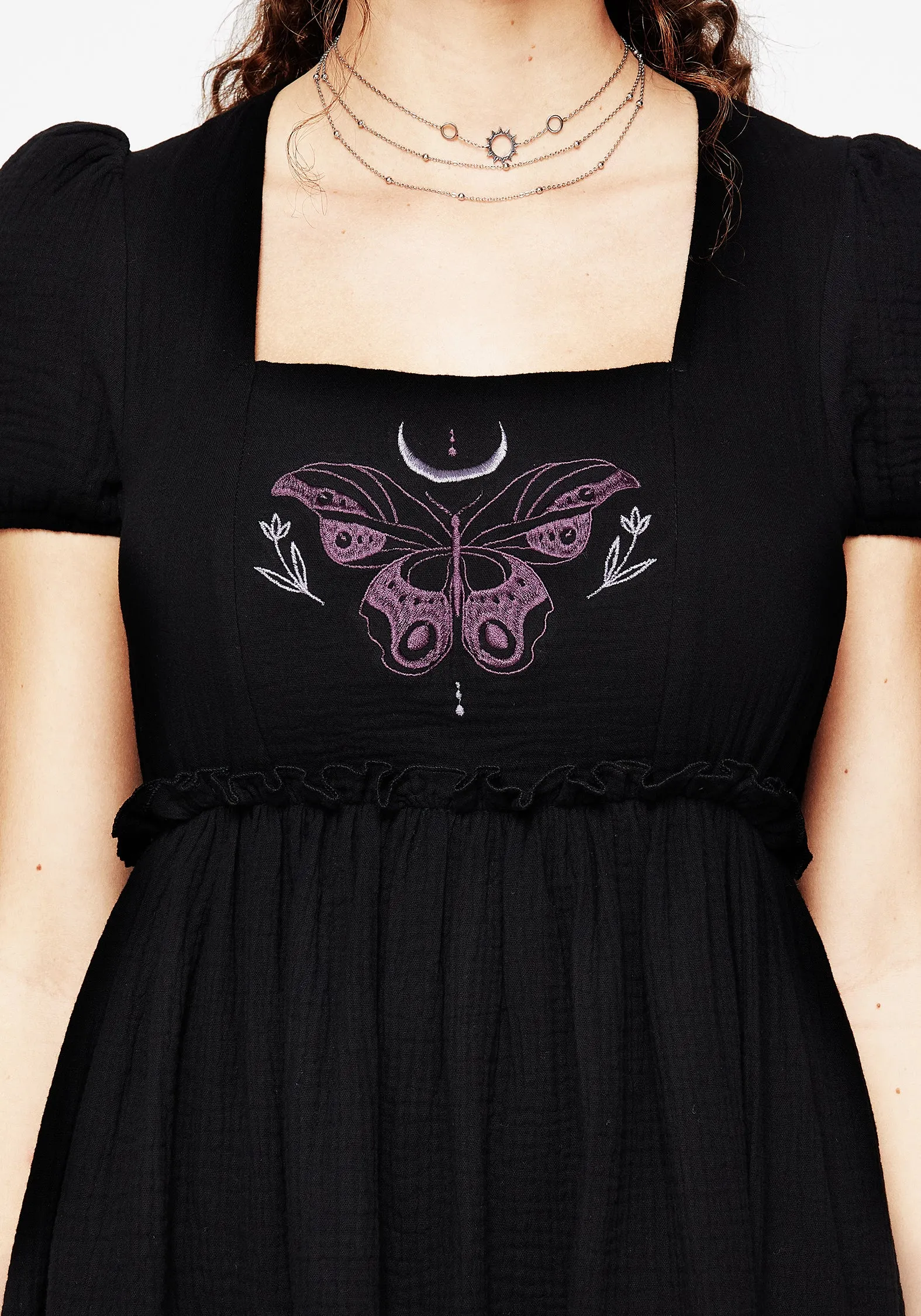 Cocoon Butterfly Embroidered Puff Sleeve Mini Dress Bright sun dress