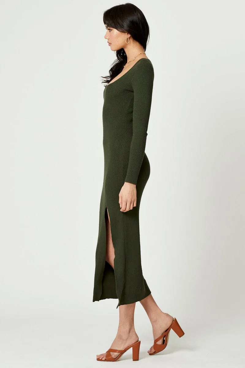Country Glow Green High Split Knit Maxi Dress