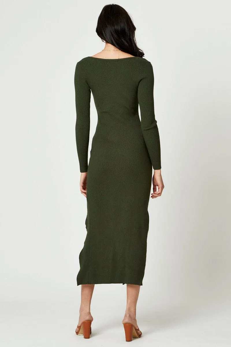 Crystal Glow chiffon flow Green High Split Knit Maxi Dress